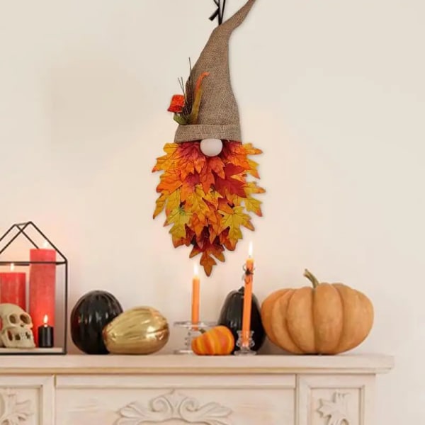 Efterårsdørkrans Farverig krans med ahornblade og nisse Halloween-dekorationsprodukter til gårdhavegårdsdør Porch Entr Yellow