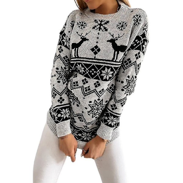 Ny dame juletrøje Xmas Elk Strik Pullover Jumper Top Grey M