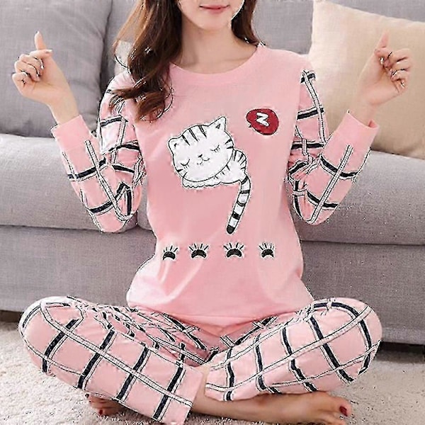 Dam Pyjamas Set Långärmad Tecknad Sovkläder Loungewear Pyjamas