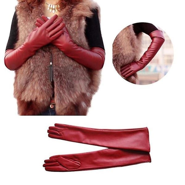 Kvinder Lange Læder Handsker Fuld Finger Winter Albue Opera Dame Handsker Red 50cm