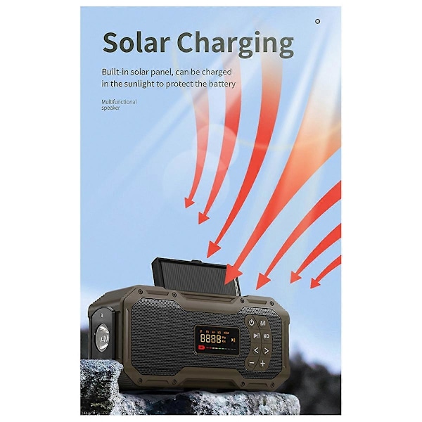 Nødradio med Værvarsling Håndsveiv Solcelle Bluetooth Høyttaler Bærbar AM FM Radio 5000mAh Batteri