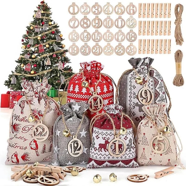 Jule-adventskalender Slikpose 24 dages nedtælling til jul Genanvendelige juteposer DIY-snøre-gaveposer til børn
