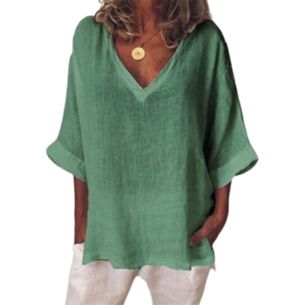 Dame bomull lin V-hals t-skjorte med halve ermer Sommer uformelle løse topper T-skjorte bluse Green M