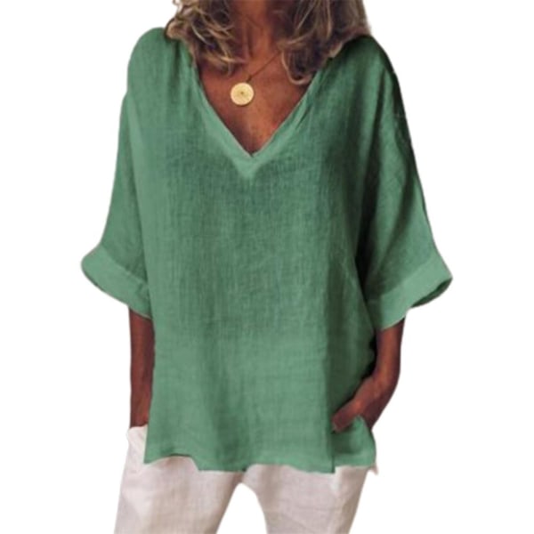 Dame bomull lin V-hals t-skjorte med halve ermer Sommer uformelle løse topper T-skjorte bluse Green XL