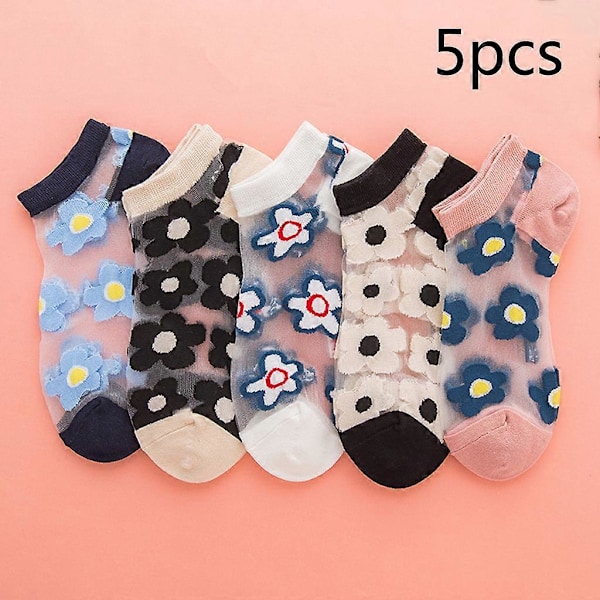 5 Par Dam Sommar Glasfiber Korta Båtsockor Japansk Stil Söt Blommig Jacquard Transparent Osynlig Strumpa