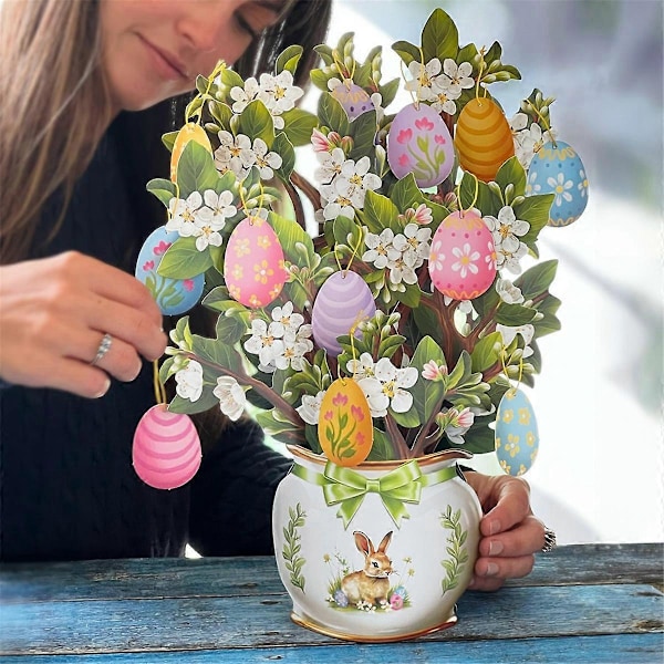 Papir Pop-Up Kort, Påskeæg Træ, Livsstørrelse Evigheds Blomsterbuket 3D Pop-Up Lykønskningskort med