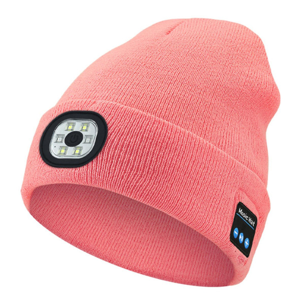 Bluetooth lue med lys, unisex usb oppladbar 6 led hodelykt lue med trådløse hodetelefoner Pink