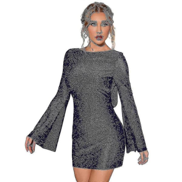Dame Backless Flæseærme Glitrende Mesh Mini Kjole Chic Og Glamourøs