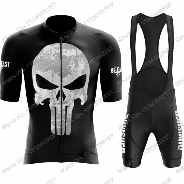 2023 Skull Cykeltröja Set Justiceiro Cykelkläder Herr Punisher Road Bike Shirt Kostym Cykel Bib Shorts MTB Ridkläder 1 XXS