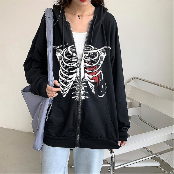 Halloween Kvinner Skull Bone Hettegenser Sweatshirt Frakk Halloween Glidelås hettejakke 3XL