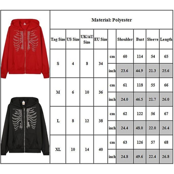 Kvinder Rhinestone Dekoration Skeleton Hætte lynlås Sweatshirt Jakke Frakke Toppe Red L