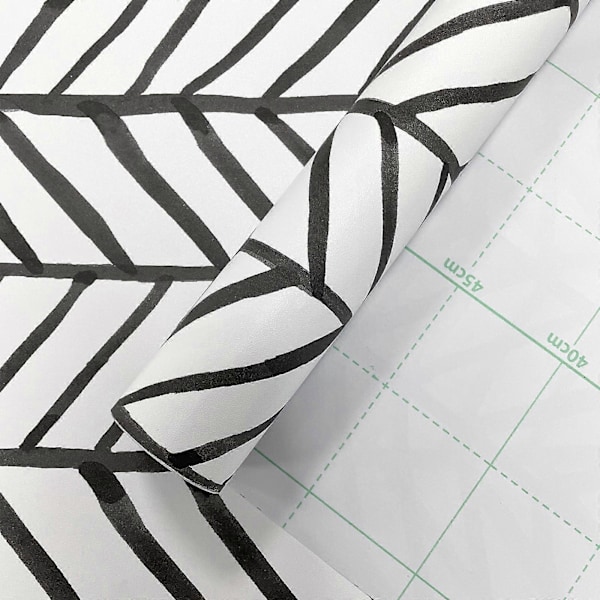 Svart och Vit Självhäftande Tapet Fiskbensmönster Kontaktpapper Modern Geometrisk Avtagbar Tapet Självhäftande 45*200cm