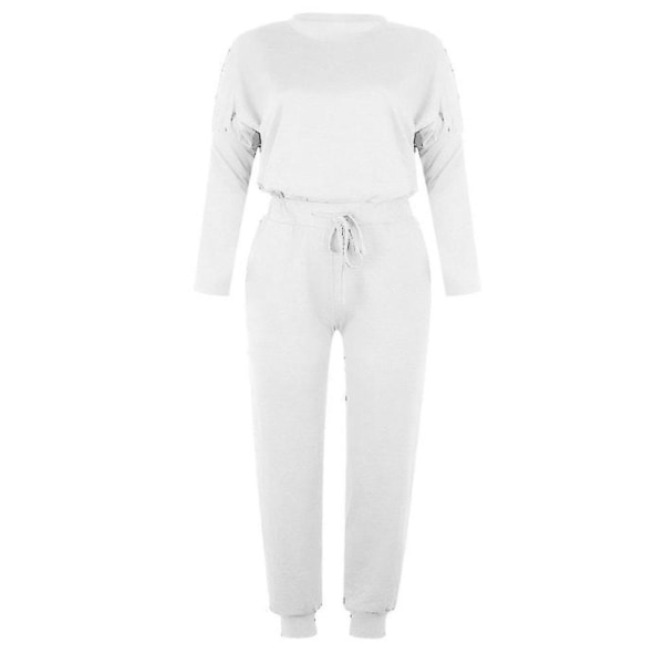 Kvinder Casual Ensfarvet outfits T-shirt toppe + snøre Elastisk talje Jogging joggingbukser Bukser Loungewear Sæt White XL