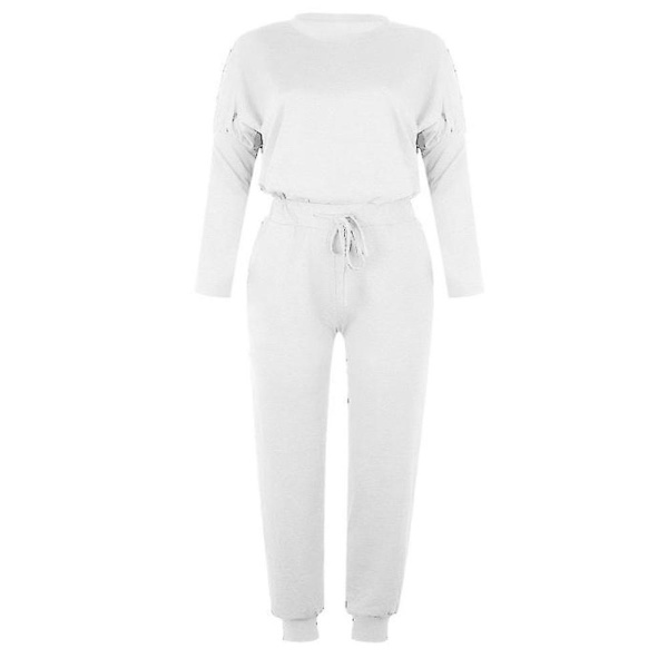 Kvinder Casual Ensfarvet outfits T-shirt toppe + snøre Elastisk talje Jogging joggingbukser Bukser Loungewear Sæt White XL