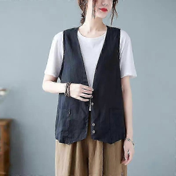\"Dame Linned Vest Casual Ærmeløs Cardigans Jakke Løs Og Tynd Casual Vest Top Teal Vest til Kvinder\"