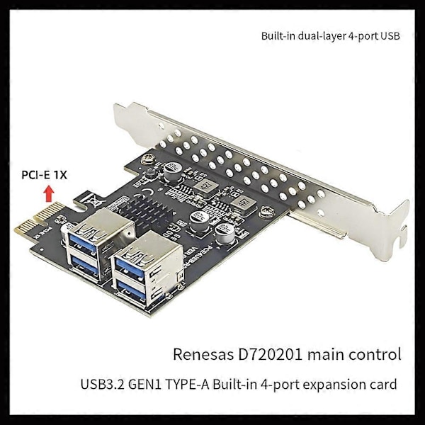 4 Port USB-A 5Gbps Utvidelseskort Adapter Riser for WIN7/10/11 LINUX