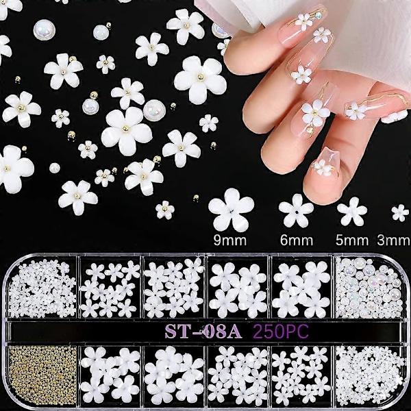 Blom-nageldekorationer för akrylnaglar 3D Nagelkonstdekorationer Nagelglitterdekaler 3D Blom-nagelpärlor Strassdesign Nagelstuds Smycken Salong Nageltillbehör