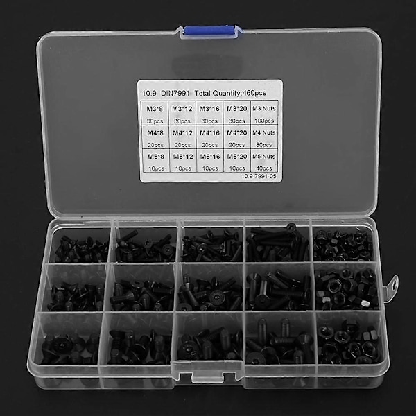 460 stk. Grade 10.9 Sort Hex Socket Hoved Flad Forsænket Skrue Møtrik Sæt M3 M4 M5