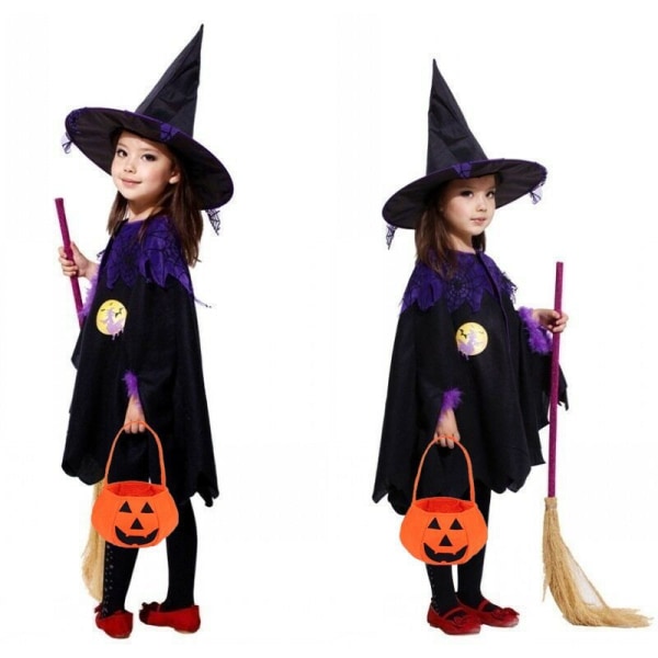 Halloween børnekostumer hekse kappe cosplay sød vampyr maskerade Cloak+hat+broom+pumpkin bag 140cm