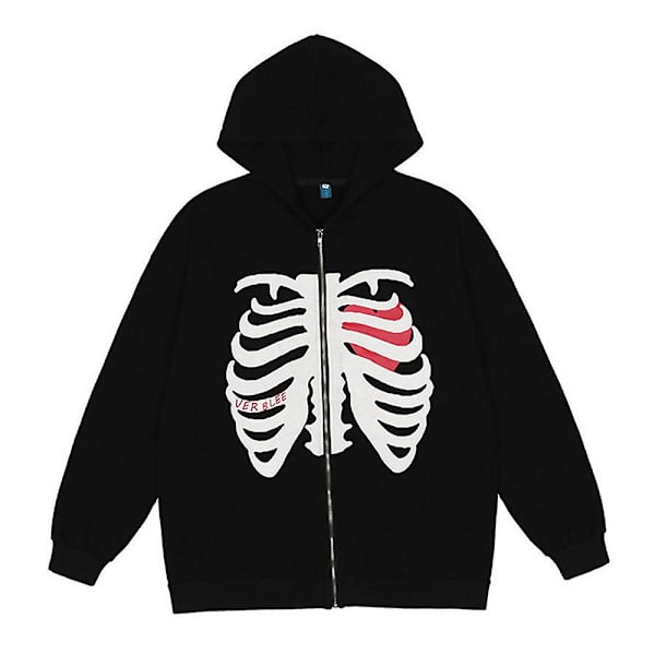 Kvinder Mode Skeleton Hætte lynlås Sweatshirt Jakke Frakke Toppe Black L