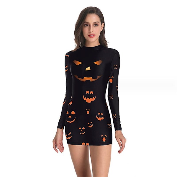 Kvinders Halloween-kostume Skeletkjole Langærmede Stretchy Kort Mini Kjole style 4 M