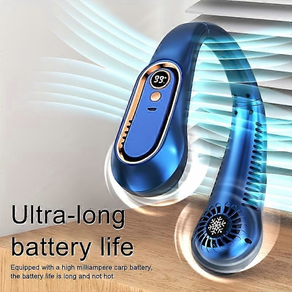 1 stk., Bærbar halsventilator, USB genopladelig, Personlig mini ventilator med digitalt display, 18,2 cm*7,24 cm, Justerbar, Super is-køling, Sikker og komfortabel, fo