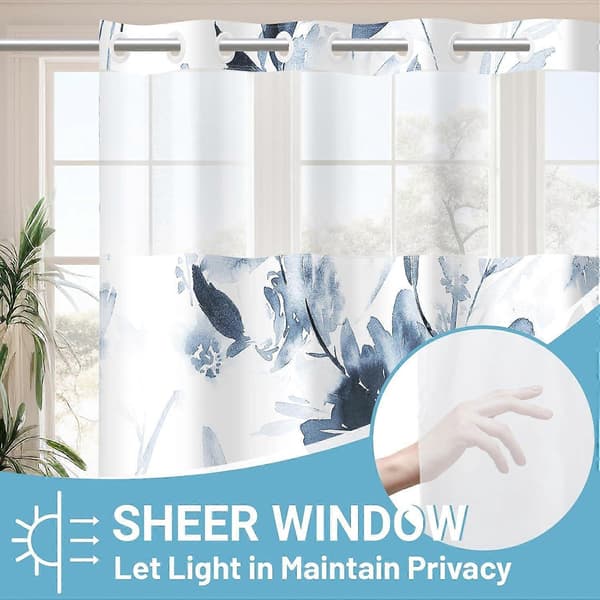 Duschdraperi utan Krokar med Knäppfäste - Blommigt Duschdraperi - Vattentätt Innerfoder i Tyg, Växter Marinblå Blommor Modernt Tygduschdraperi
