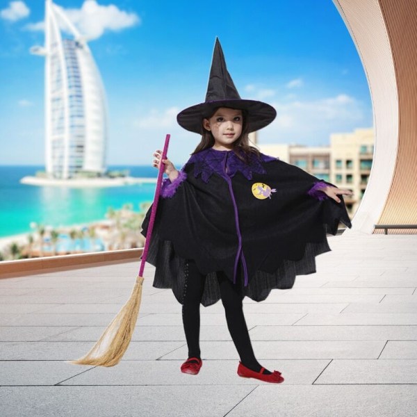 Halloween barnekostymer heks kappe cosplay søt vampyr maskerade Cloak+hat+broom 150cm