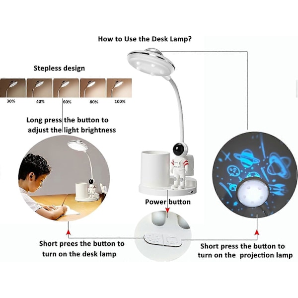 Bordlampe til teenagere Astronaut Bordlampe med projektionslys og penholder, LED-bordlampe til børn til læsning i soveværelset, Trinløs dæmpning Bordlampe Øjen-C