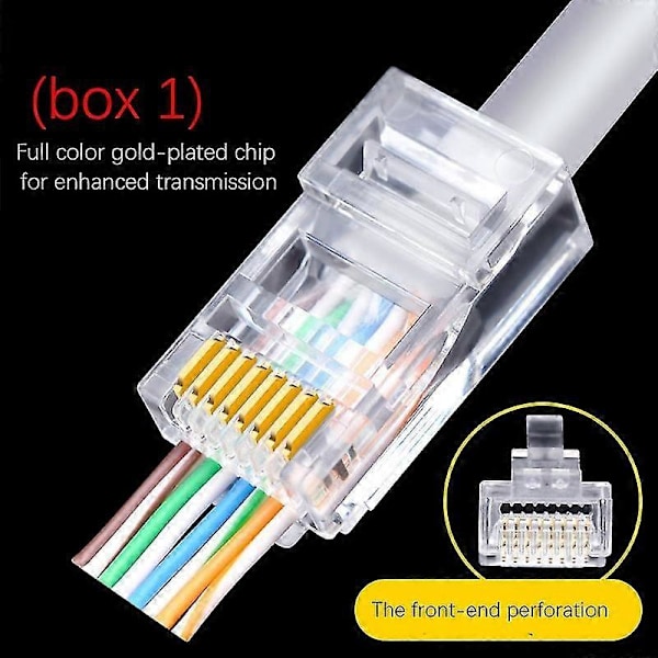 RJ45-kontakt 6U Gullbelagt Gjennomgang Ethernet-kabler Modulplugg Nettverk RJ-45 Krystallhoder Cat5 Cat5E (100 stk)