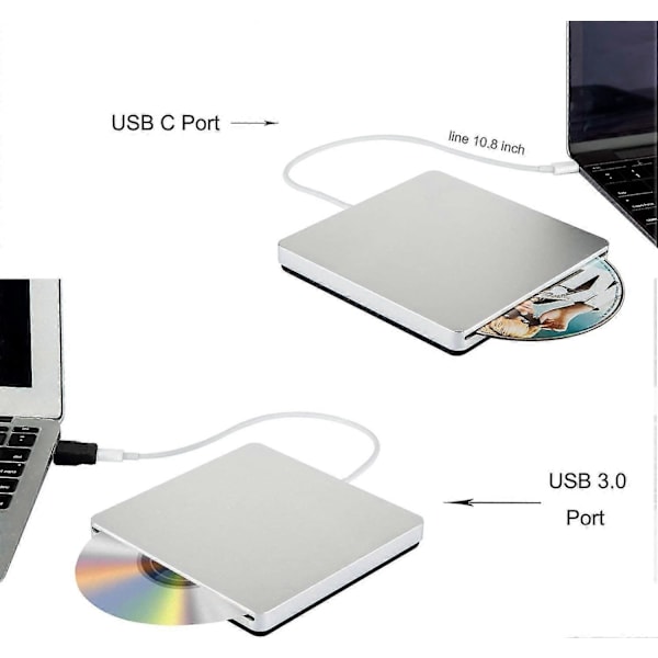 Ekstern CD DVD-stasjon USB C CD DVD-brenner/skriver Slank bærbar slot-in CD DVD-leser for MacBook Pro/Air/Mac/Laptop/Windows10 (Sølv)