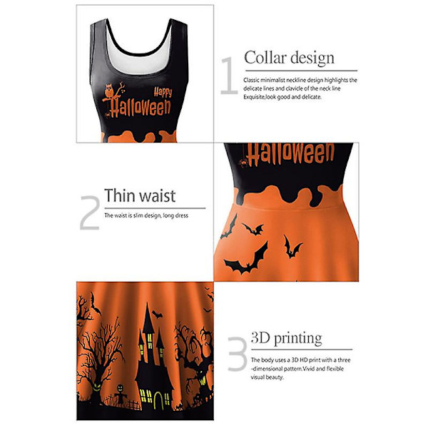 Halloween Kvinder Sommer Slim Sleeveless Scoop Neck A-line Flare Sun Kjoler ORANGE L