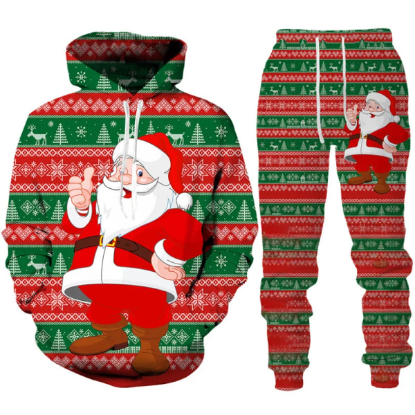 Julenissen 3D-utskrift Mann Kvinne Hettegenser + bukser 2stk sett Nyttårsferiefest Uformelt Oversized Pullover Joggedresssett style 7 130