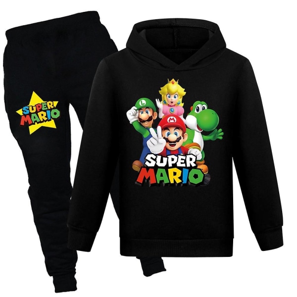 Super Mario Bros. Sportstøjsæt med print til børn Casual hættetrøjesæt Black 11-12 Years