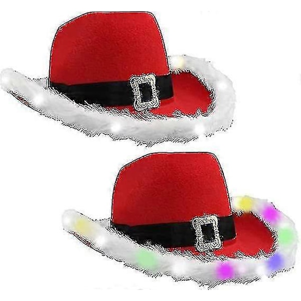 Lysende Julefjerhat med LED-blink, Cowboy Rød Julemand Western Feriehat, Julekostume Dekorationer Gaver til Kvinder