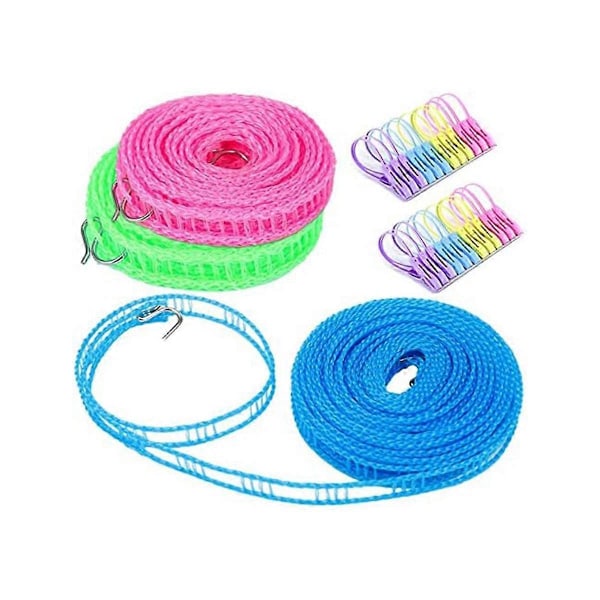 3-pack Icke-tvättlina, 3 / 5 / 8 M med 24 Klädnypor med Krokar för Trädgård, Resor, Husbil