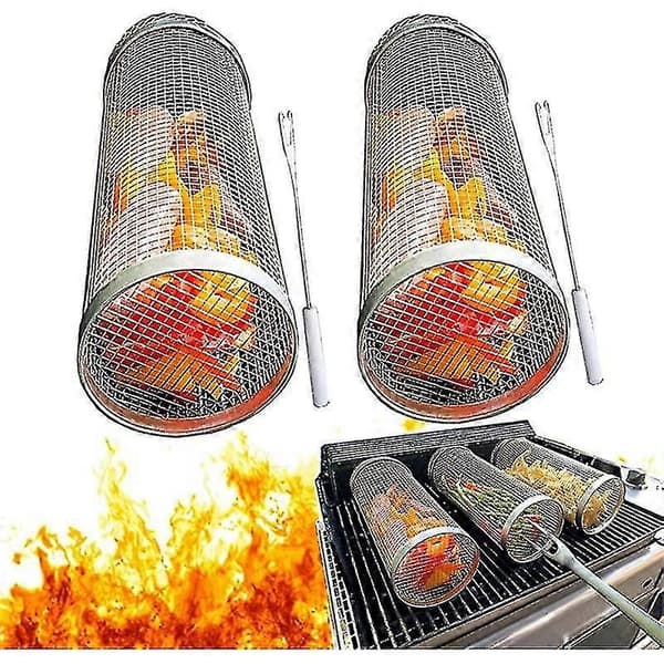Rullende Grillkurv, Rund Grillrist i Rustfritt Stål