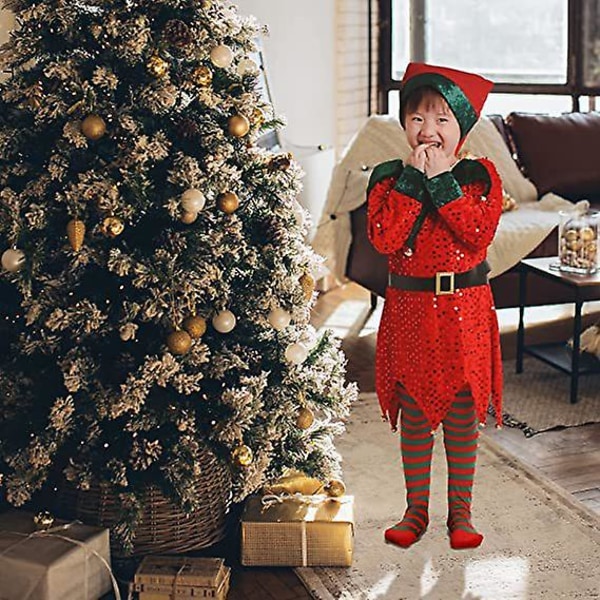 Julenissekjole til piger Drenge Elf Cosplay Nytår Skinnende pailletter Grøn Rød Tøj Julestrømper Hat 2023 2 kids 130cm