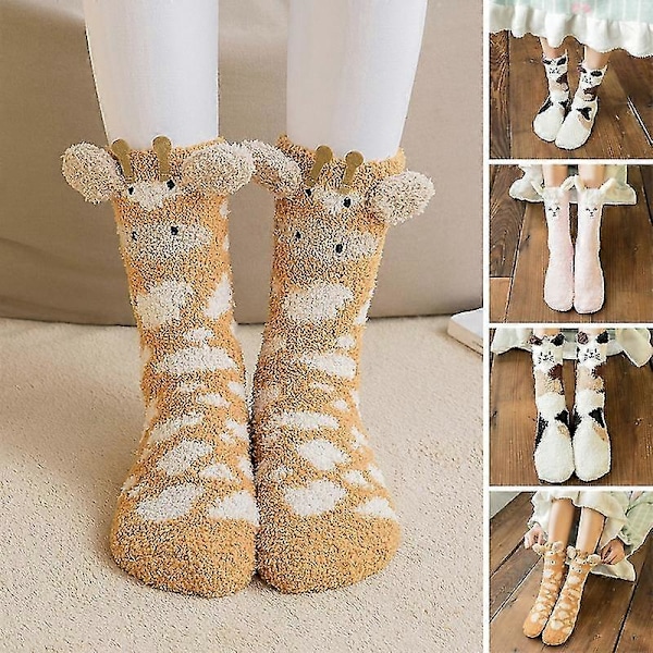 1 Par Vuxenstrumpor Tecknad Katt Kanin Alpacka Giraff Kyckling Luddiga Tjocka Stretchiga Varma Korallfleece Höst Vinter Golv Sovstrumpor