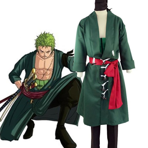 Japansk Anime Roronoa Zoro Cosplay kostume Halloween-kåbe Fuldt sæt tørklæde paryk frakke Bukser Ærmer Bælte Grøn Kimono S