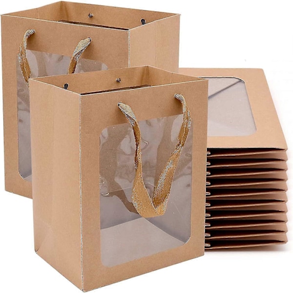 10 Stykker Brun Kraftpapirpose med Håndtak og Vindu, Papirpose, Gavepose, Kraftpapirpose, Handlepose, Gaveinnpakning, For Bursdag W