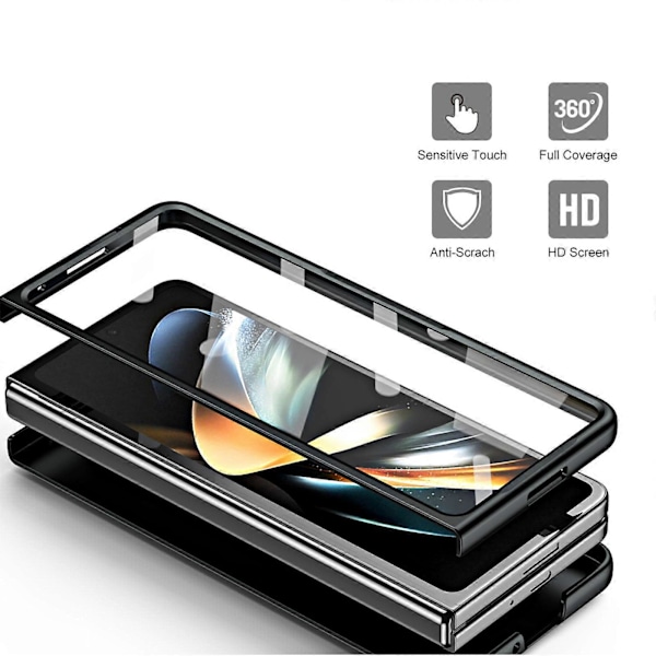 Z Fold 5 Skal med Skärmskydd, Matt Läder Hybrid PC Hårt Allomfattande Stöttåligt Skal med Ställ för Samsung Galaxy Z Fold 5 2023