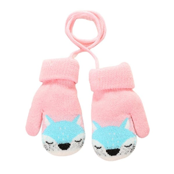 Barn Baby Cartoon Söta stickade vantar Vinter varma handskar på String Pojkar Flickor Present Pink
