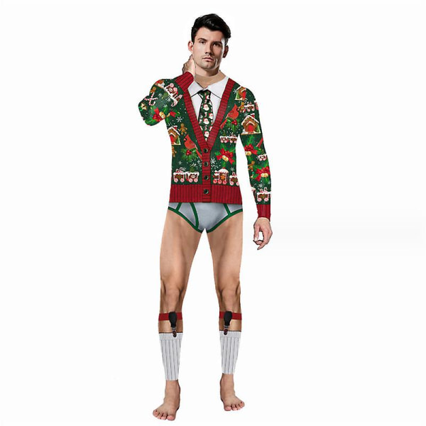 Men's Ugly Christmas Bodysuit Romper Glidelås Langermet Jumpsuit Antrekk Realistisk Nyhet Kostyme Onesies L