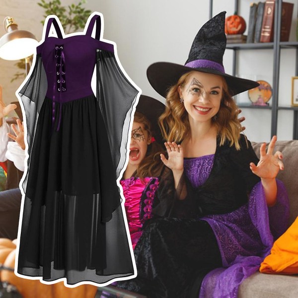 Halloween trompetærmet heks suspendelkjole Simpel One-line halsudskæring Cosplay kjole Purple Black L