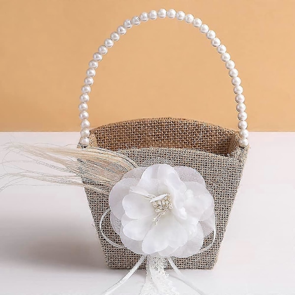 2023 - Rustikk Blomsterpikekurv Jute Sekkelerret Kurv Med Perlehåndtak For Vintage Bryllup (ShiKai)