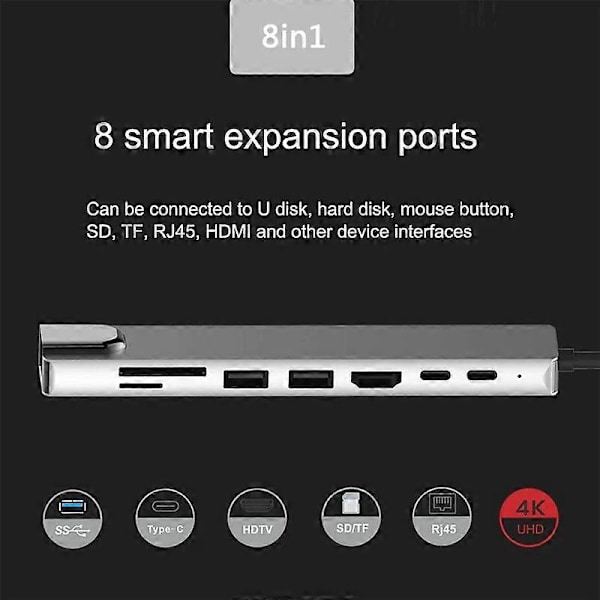 8-in-1 Type-C - USB 3.0 -keskitin USB-C HDMI LAN RJ45 SD TF -sovitin Macbook-kannettavalle