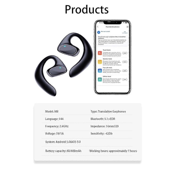 144 Sprog Oversætter Ørepropper M8 Trådløs Bluetooth Tovejs Oversætter Enhed