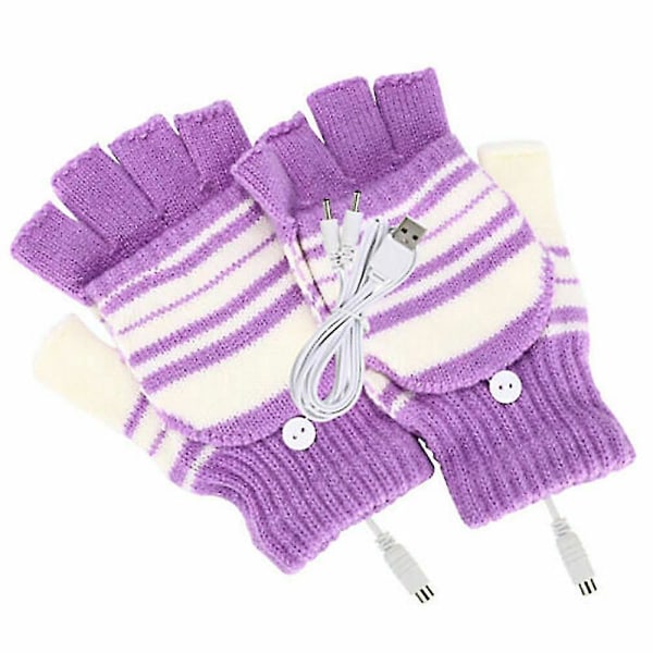 Elektriska USB thermal uppvärmda handskar hel- och halvfinger vintervärmare Uppladdningsbar Purple
