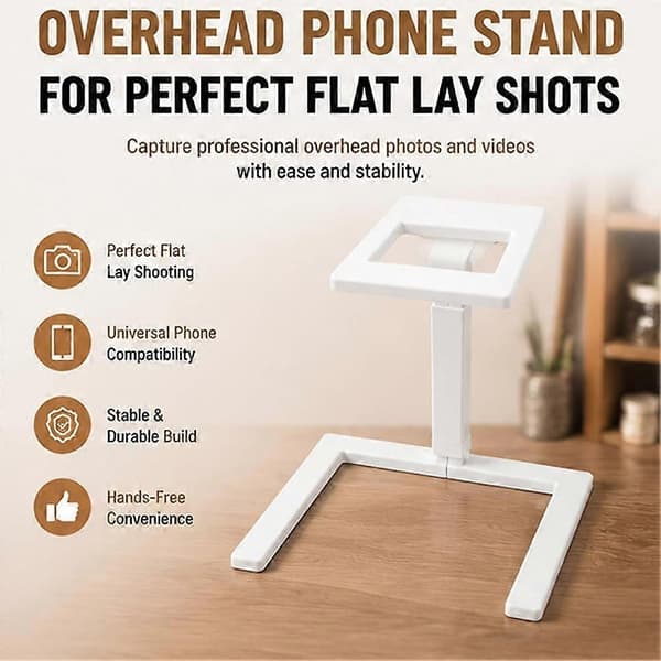 Overhead telefonstativ for flatfotografering, skrivebordsmontering med U-formet åpen base og hul topplate, hvit White